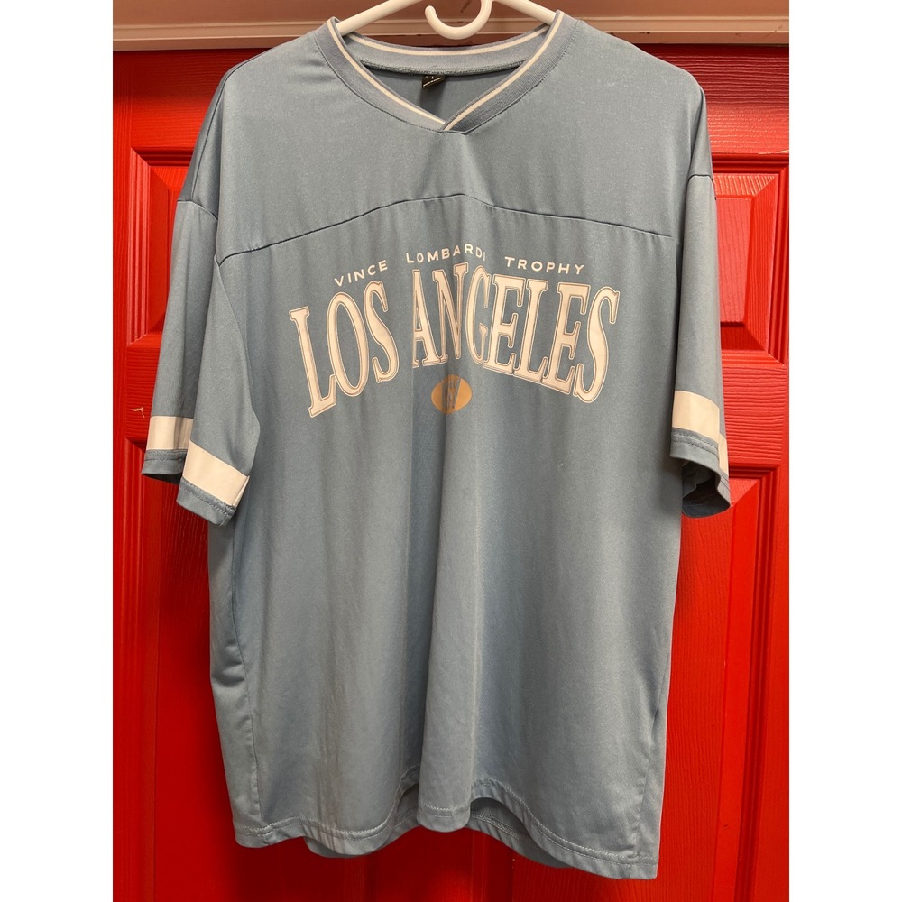 SHEIN Los Angeles Vince Lombardi Trophy Jersey Style V-Neck Graphic Tee Blue L